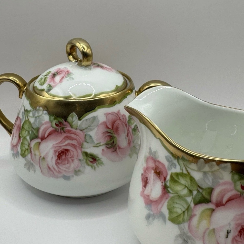 Vintage Bavaria J&C Porcelain Sugar Bowl & Creamer Set Pink Roses Gold Trim #117 - Picture 2 of 10